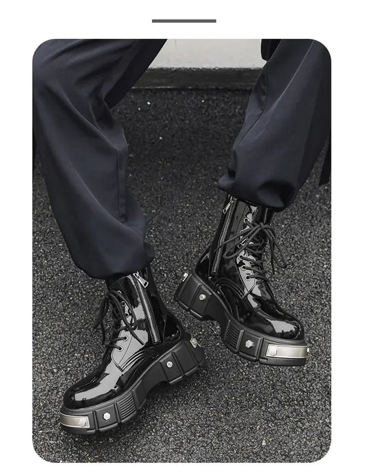 New Men Goth Platform Boots Fashion Rivet Lace Up Punk Wedges Chunky Heels Men Boots Party Street Patent Leather Men Shoes