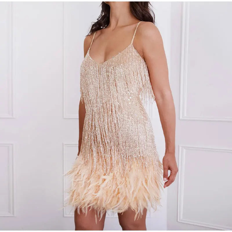 2025 New Sexy Tassel Sequins Feather Mini Dress Women Spaghetti Strap Stitching Dresses Female Elegant Evening Party Club Dress
