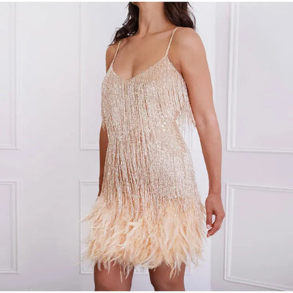 2025 New Sexy Tassel Sequins Feather Mini Dress Women Spaghetti Strap Stitching Dresses Female Elegant Evening Party Club Dress