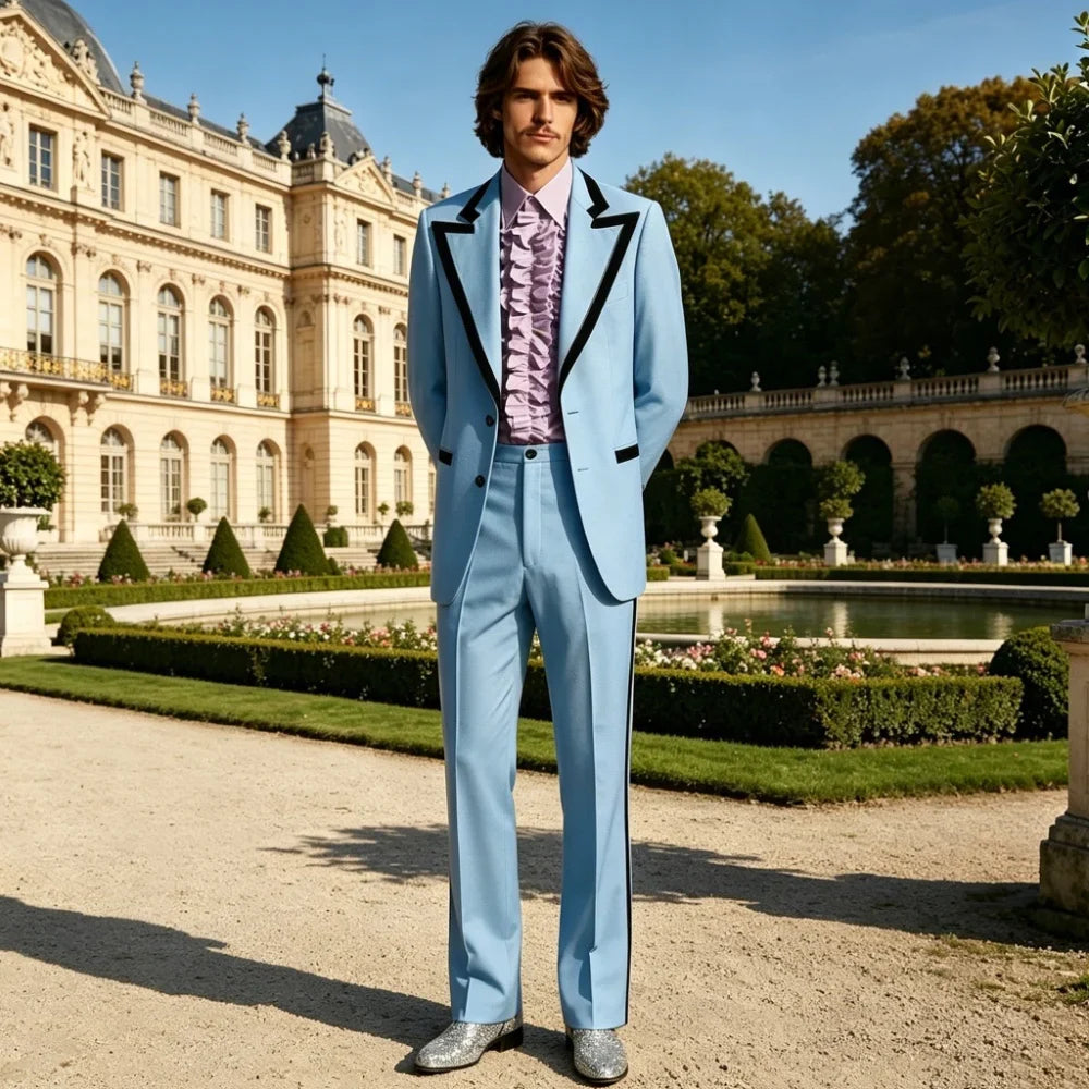 Men's Tuxedo Suit with Black Trim 2-Piece Slim Fit Blazer Pants Set Business Casual Jacket Straight Leg Trousers Formal Outfit