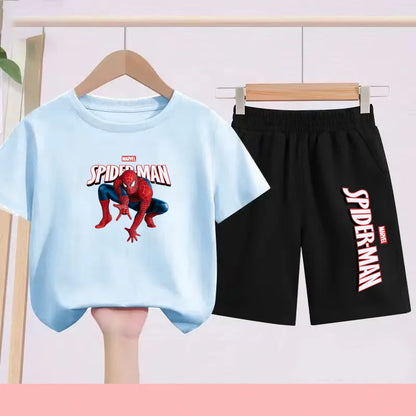 2026 Children's Sports Outfit with Spider Pattern Cartoon Print - T-shirt + Shorts Set, Suitable for Children Aged 3 To 13.