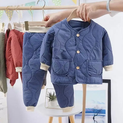 Winter Cute Girls Quilted Warm Clothes Sets Kids Boys Thicken Pullover and Thick Pants 2pcs Sets Boy Warm Suit for Kindergarten