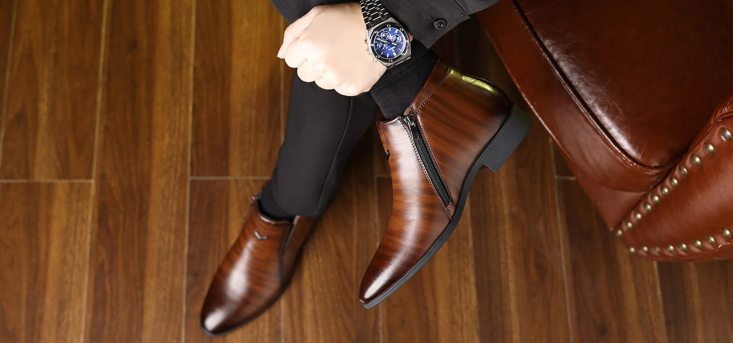 Men Handcrafted Leather Ankle Boots Side Zipper Pointed Toe Chelsea Boots Comfortable Non-slip Formal Business Casual Shoes 2026
