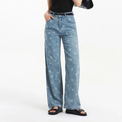 All Over Print Denim Pants Women Sweet Niche 2025 Summer New Cotton Wide Leg Trousers