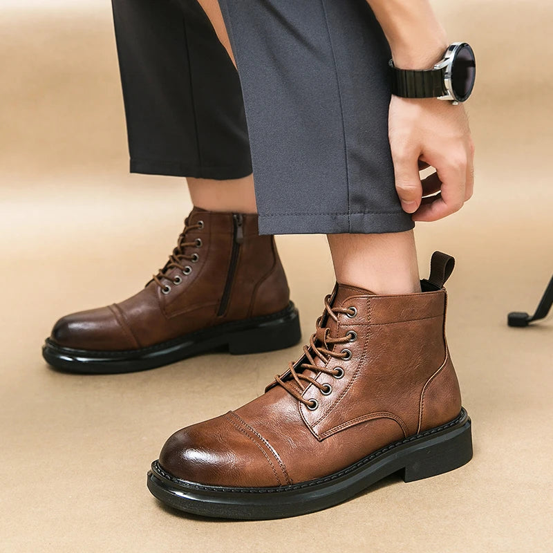Men Black Leather Boots Casual Lace Up Leather Shoes Size 39-46