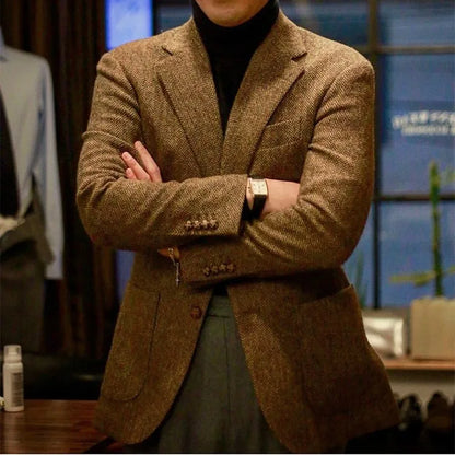 Retro British Tweed Men's Woolen Outwear Brown Wool Tweed Suit Herringbone Pattern Autumn and Winter Slim Fit Suit