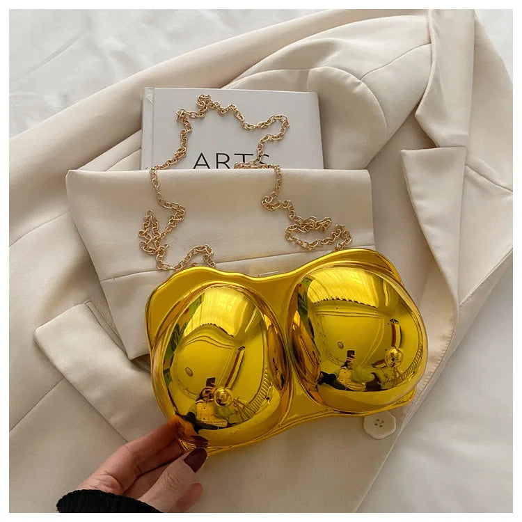 Party Purse Chest Shape PVC Bag For Women 2025 Mini Crossbody Bag Metal Chain Shoulder Bag Luxury Gold Silvery Lipstick Pouch