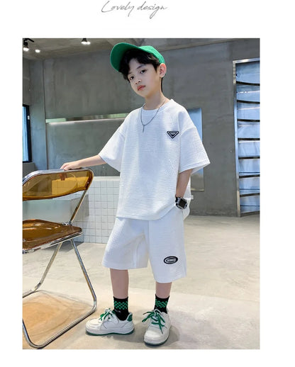 Summer Casual Boys Jacquard Loose T-Shirt Tops+Shorts Pant School Kids 2PCS Tracksuit Child Outfits Student Workout Set 3-14 Yr