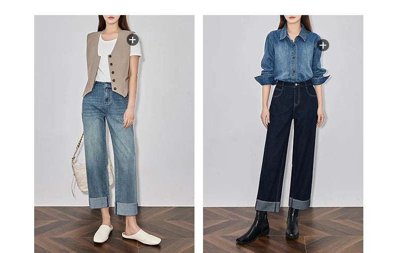 Women Denim Jeans 2025 Spring New Straight Wide Leg Rolling Up Ankle Length Cropped Pants