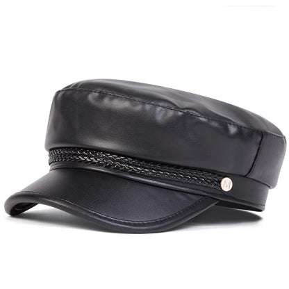 Fashion Women Large Belt Buckle Leather Hat Spring Autumn Sailor Hats Black Ladies Beret Caps Men Flat Top Captain Military Caps