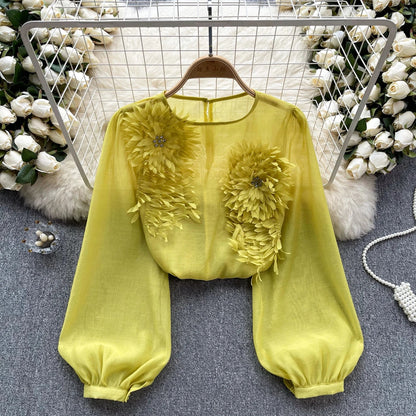 Spring Loose Satin Blouse Women O Neck Long Sleeves Sheer Bohemian Top 2024 Transparent 3D Floral Casual Shirt