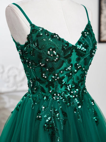 Sling Evening Dresses Sexy Spaghetti Straps V-Neck Illusion Sequins Appliques Prom Dress A-Line Train High Split Gowns