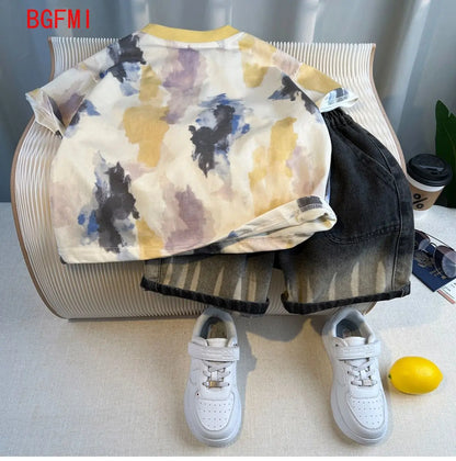 Korean Children's Summer Clothes Kids Set Outfits Boys 2026 Handsome Sleeveless&Short Sleeved T-shirt Denim Shorts 2-piece Set