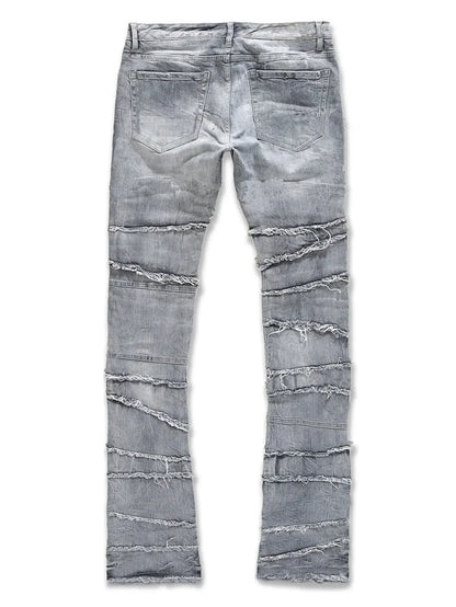 New Stacked Jeans Men Patchworks Spliced Denim Ripped Wash Frayed Pants Male's Streetwear