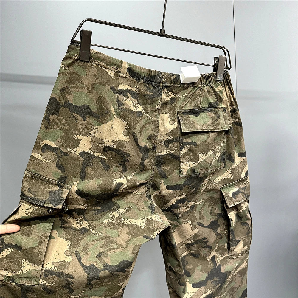 Heavy weight Tactical Cargo Pants For Men Vintage Camo Multi-Pocket Loose Fit Straight Leg Outdoor Streetwear Casual Trousers