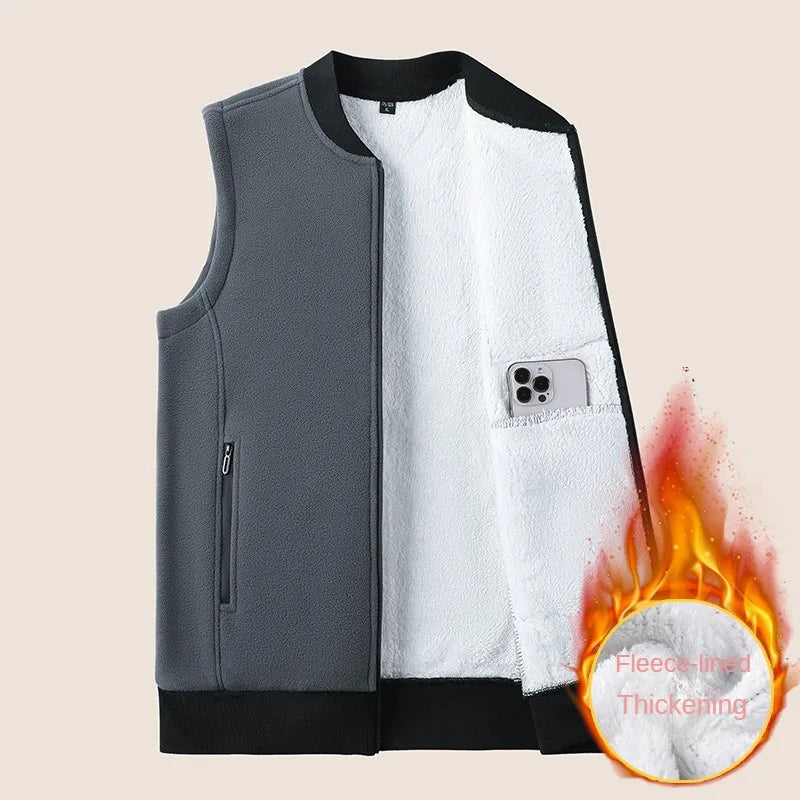 Men Winter Vest Sleeveless Stand Collar Solid Color Fleece Thick Keep Warm Plus Size Neck Protection Winter Waistcoat for Daily