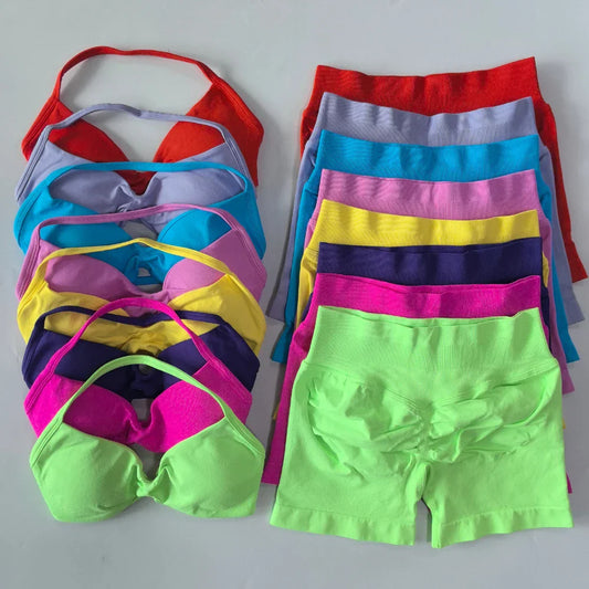NO LOGO 2PCS Gym Set Women Strappy Yoga Bra Top High Waist Workout Scrunch Shorts Sports Suit Seamless Yoga Set Fitness Clothes