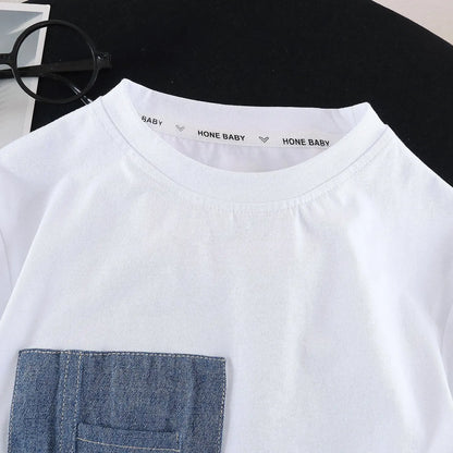 New Summer Fashion Baby Boys Clothes Suit ChildrenPocket Patch T-shirt+ Denim Shorts 2Pcs/Set Toddler Clothing Kids Tracksuits