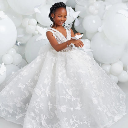 White Flower Girl Dresses for Wedding Butterfly Appliques Pearl Floor Length Girl Kids Birthday Party First Holy Communion Gown
