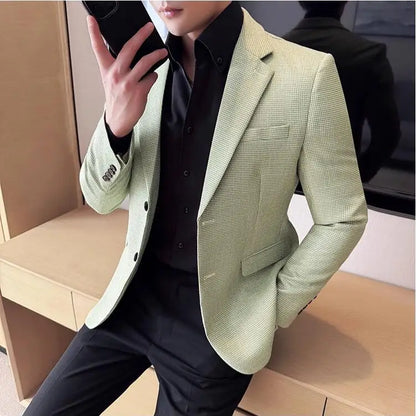 Bright Silk Thousand Bird Grid Suit Jacket Korean-style Business Fashion Slim Fit Single Breasted Men Social Party Dress Coats