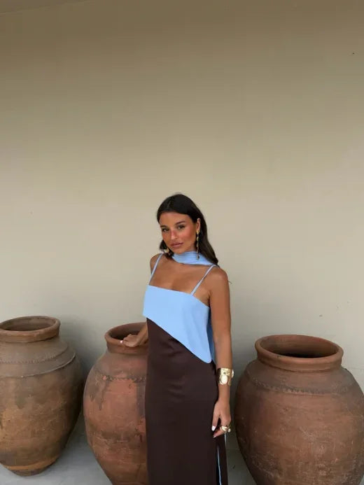 Fashion Color Block Spaghetti Strap Maxi Dress Women Elegant Halter Scarf  High Split Slim Vestidos 2026 New Daily Party Robes