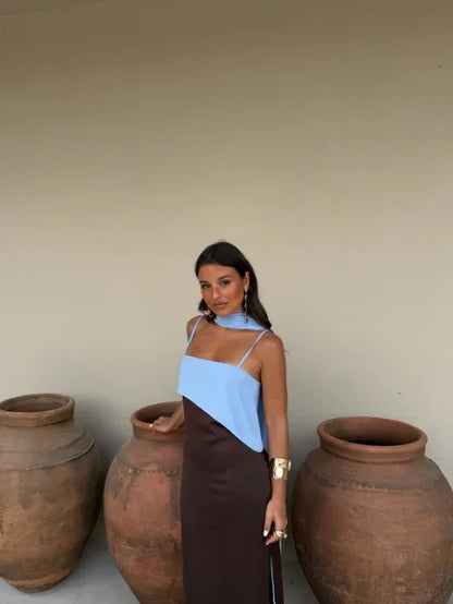 Fashion Color Block Spaghetti Strap Maxi Dress Women Elegant Halter Scarf  High Split Slim Vestidos 2026 New Daily Party Robes