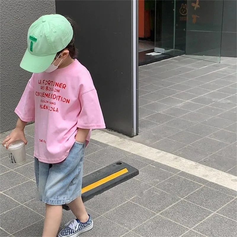 2026 New Original Design Boys' Pink Short Sleeved T-Shirt Summer Trendy Versatile Kids Half Sleeve T-Shirt