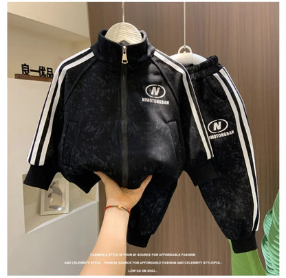 Children's Thick Clothing Boys Casual Set 2026 New Boys Long Sleeved Zipper Spring Autumn Cotton Kid Boy 2pcs Set Kids Outfits