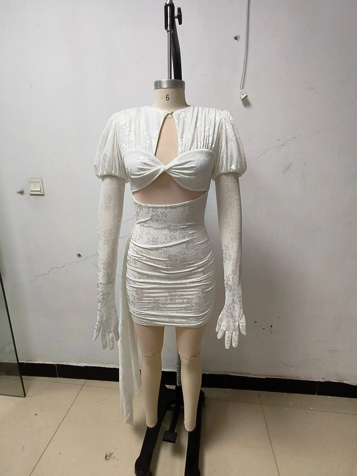 2024 New Fashion Red White Women Gloves Sexy Bodycon Mini Draped Dress Nightclub Party Bar Singer Birthday Celebrate Dress