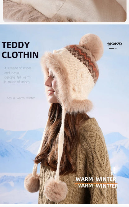 New Thick Warm Women Winter Hat Skullies Beanies Knitted Fur Hat Three Fur Ball Beanie Hat Female Earflap Cap Russian Hat