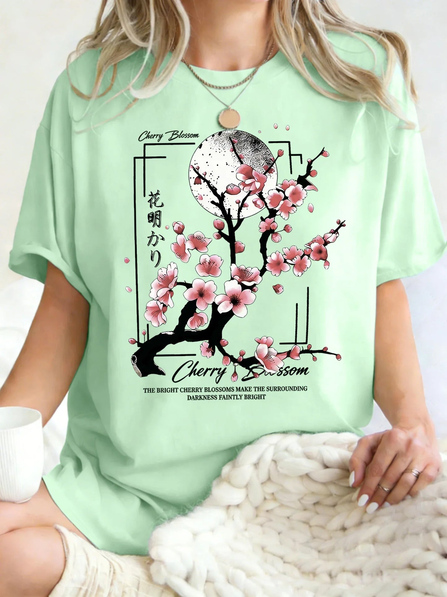 Japanese Cherry Blossom Design Women'S T-Shirt Loose Cotton T Shirts Crewneck Trendy Short Sleeve Y2K Summer Casual Streetwear