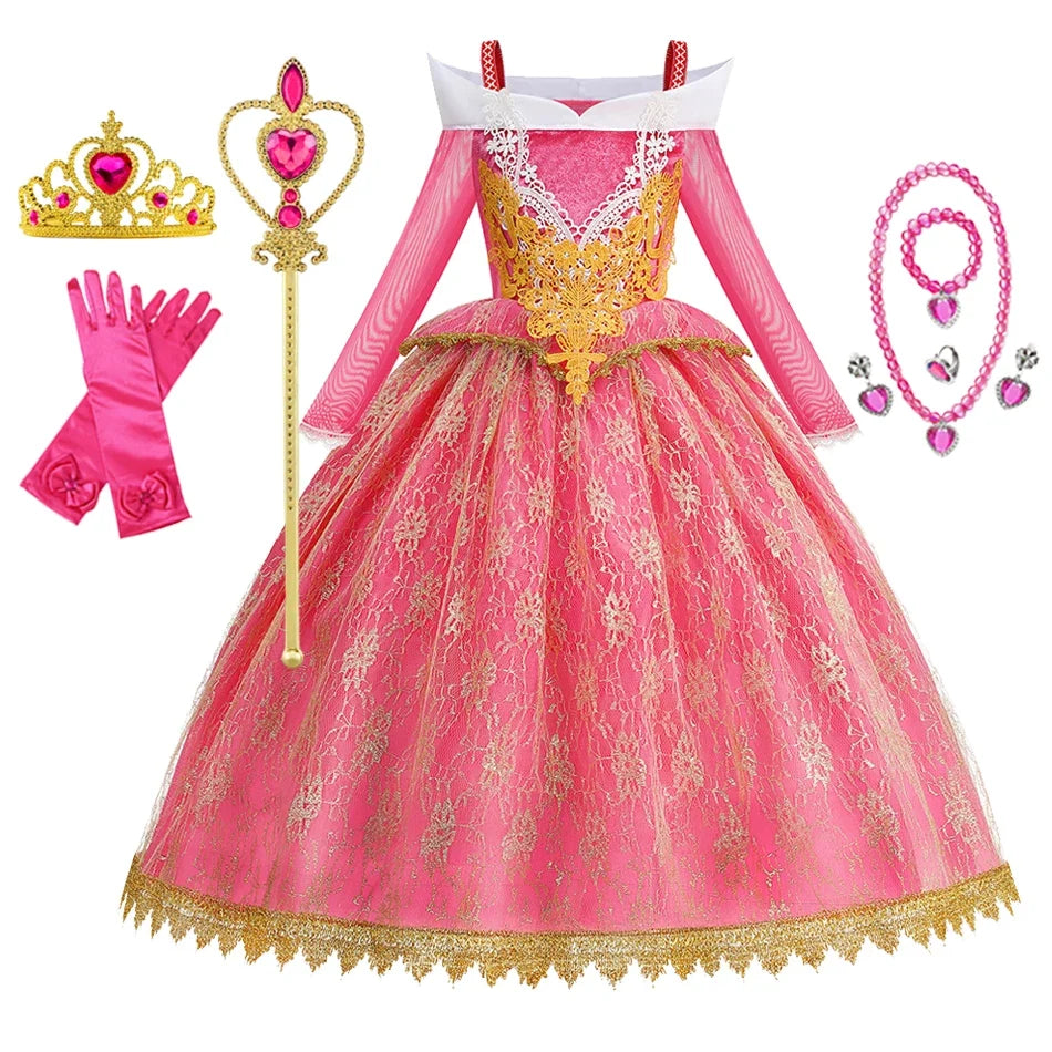 Girls Princess Costume Aurora Vestidos Cosplay Dress Girls Halloween Carnival Birthday Outfit Party Ball Gown