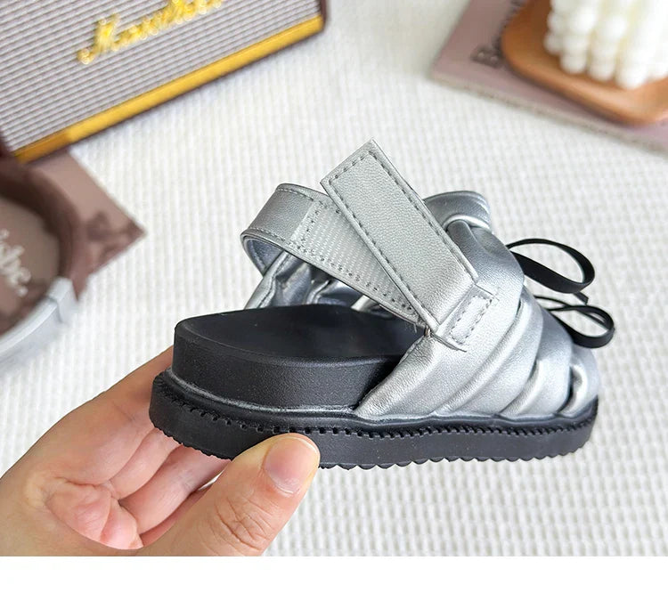 2026 Summer Girls Princess Sandals with Double Bow-knots Soft Fashion Classic Kids Summer Beach Shoes Open Toes Sweet Anti-skid