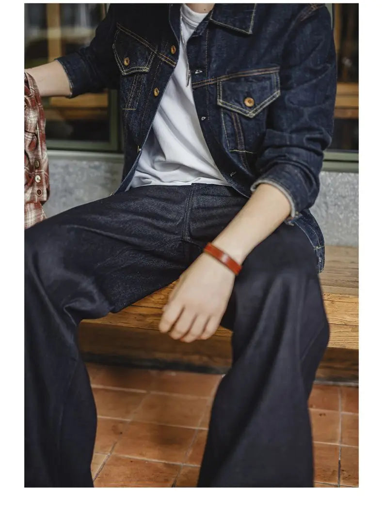 Vintage 15.6oz Selvedge Raw Denim Jeans Heavyweight Blue Loose Fit Wide-Leg Jeans Zip Fly Cotton Trousers for Spring Fall