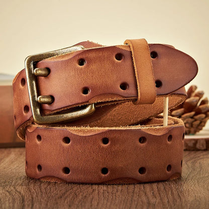 Thick Original Leather Belt Vintage Men Wide Belt Male Cowhide Real Genuine Leather Double Prong Buckle Strap Cowboy Jeans Belt