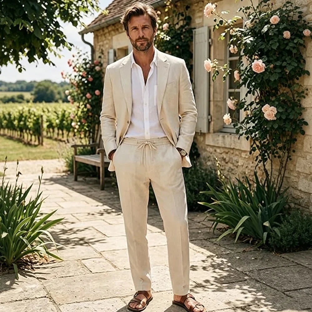 Men's Linen Suit 2 Piece Set Blazer & Drawstring Pants Business Casual Suit Jacket Trousers Summer Beach Wedding Formal Outfit