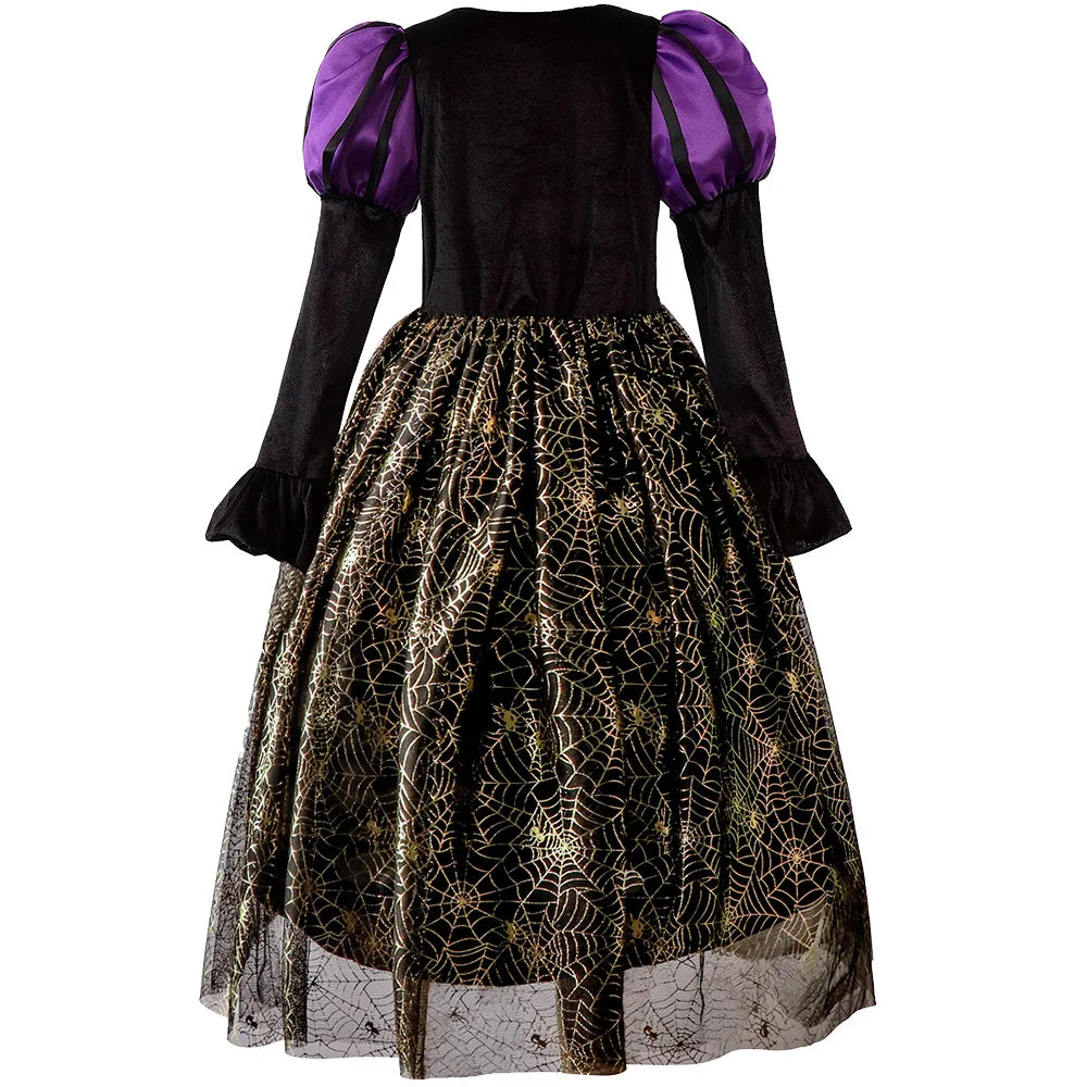 2025 Halloween Easter Festive Party Girl Cosplay Classic Witch Purple Print Long Sleeve Dress Evil Horror Set Baby Birthday Gift
