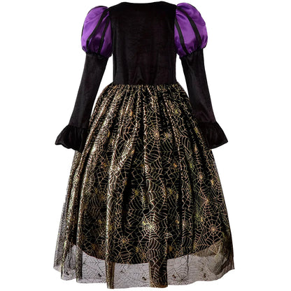 2025 Halloween Easter Festive Party Girl Cosplay Classic Witch Purple Print Long Sleeve Dress Evil Horror Set Baby Birthday Gift