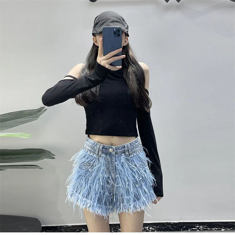 Summer Street Hot Girls Short Jeans Female Chic Feather Diamond Denim Shorts Women Retro Washed Hot Pants Sexy Night Club Shorts