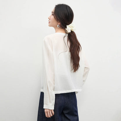 Women's Oversized Lyocell Shirt 2026 Spring Summer Round Neck Long Sleeve Drawstring Sheer Casual Top 161WB5014