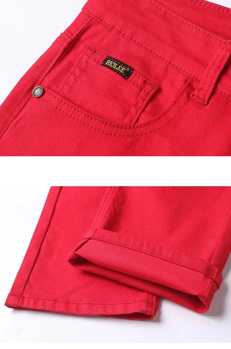 Men Classic Version Slim Stretch Trousers Clothing Red Straight Jeans Fashion High Quality Casual  Denim Pants Male 36 40