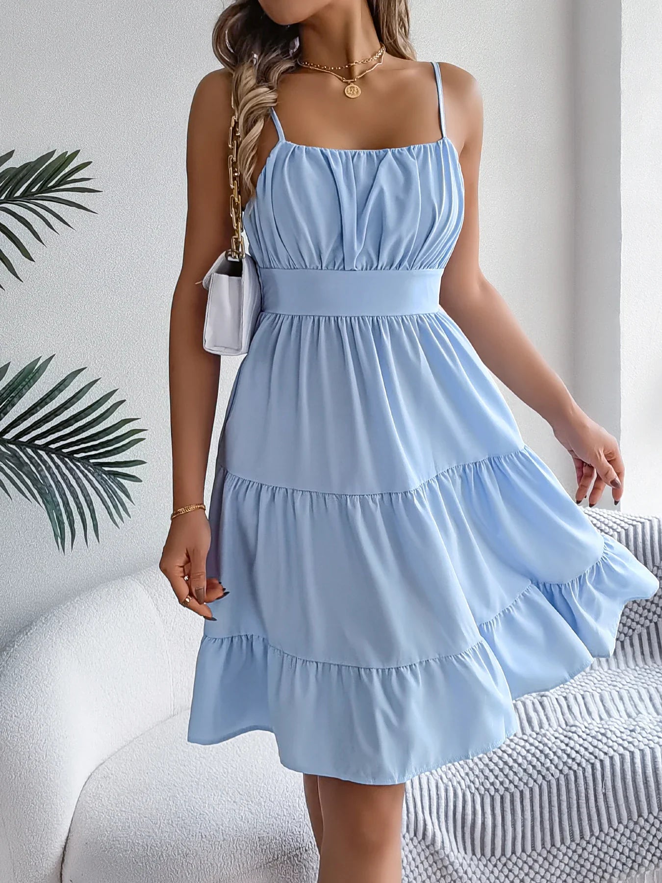 Casual Vacation Ruffled Camisole Dress Spring Summer Women's Solid Dresses for 2026 Valentine's Day Woman Clothing Pink Blue
