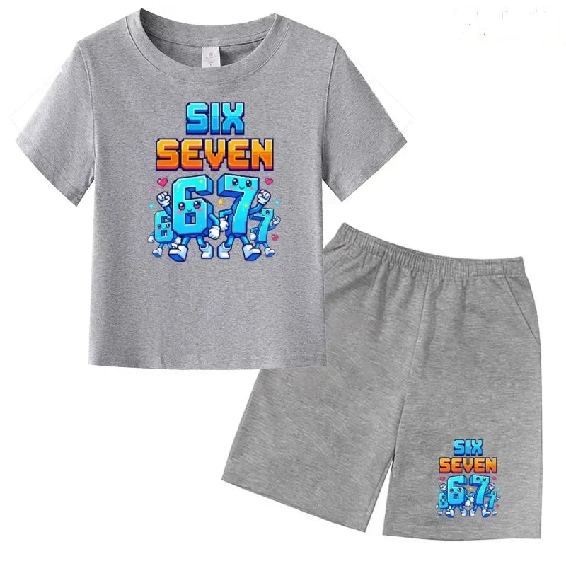Boys Girls 3-12Y Summer Fashion Outfit 67 Number Cartoon Print T-shirt and Shorts Casual Two-Piece Clothing Set