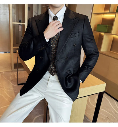 High Quality Men Double Breasted Blazer Suede Gilded Twill Slim Fit Business Social Formal Suit Jacket Tailcoats Men Clothes