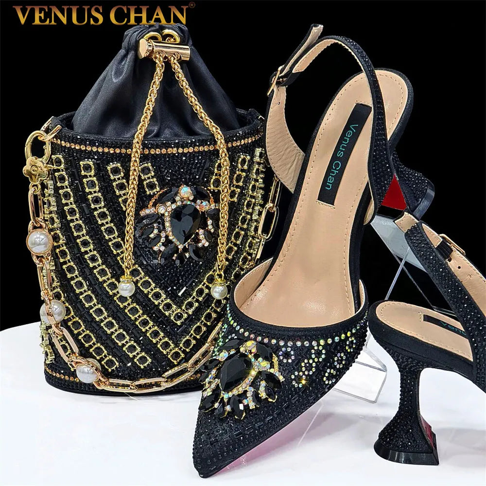 2024 Latest Wedding Pointed Toe Women's Shoes High Heel Black Color Rhinestones italian shoes and bags matching set