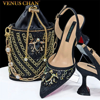 2024 Latest Wedding Pointed Toe Women's Shoes High Heel Black Color Rhinestones italian shoes and bags matching set