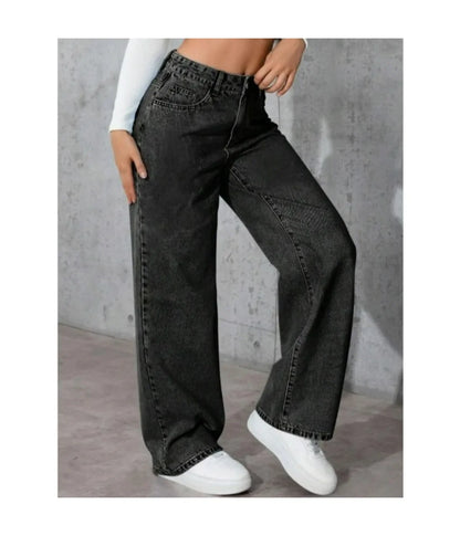 Women's Classic Wide Leg Stretch Jeans with Button  Soft Comfortable Autumn Winter Vintage Wash Stylish Jeans High Street Pants