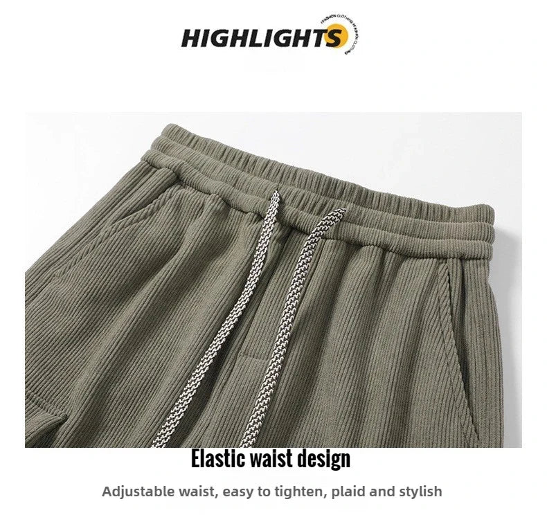 2026 New in Winter Corduroy Pants Men Straight Wide Leg Cargo Trouser Male Elastic Waist Loose Fit Thick Brown Warm Fleece Plush