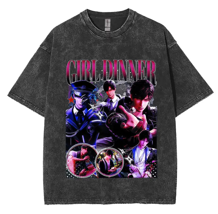 Sylus Love and Deepspace Vintage Washed T Shirts Girl Dinner Summer Harajuku Graphic T-Shirt Men's Women Oversized Cotton Tshirt