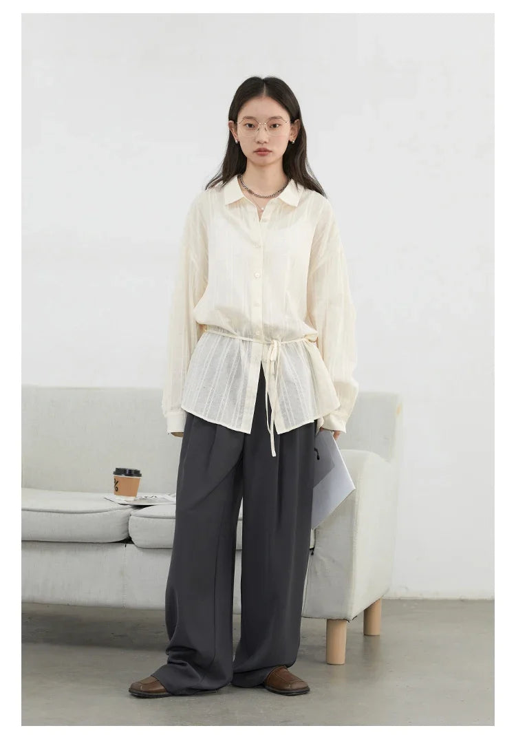 Women Shirt Textured Cotton Striped Waist Shirt Long Sleeves Female Sun Protection Blouses  Spring  Summer 2026